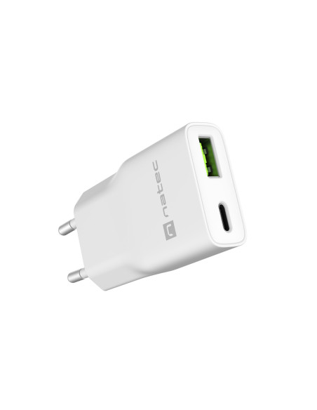 Univerzálna USB nabíjačka Natec RIBERA GaN SLIM, 20 W, 1X USB-A + 1X USB-C, Biela