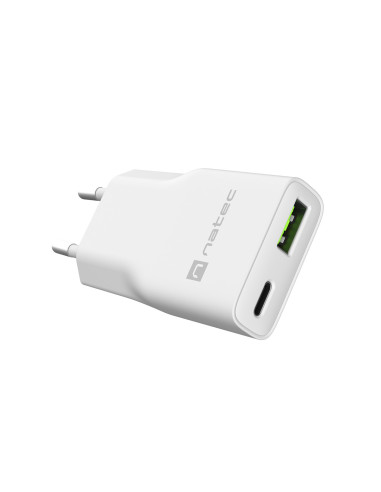 Univerzálna USB nabíjačka Natec RIBERA GaN SLIM, 20 W, 1X USB-A + 1X USB-C, Biela