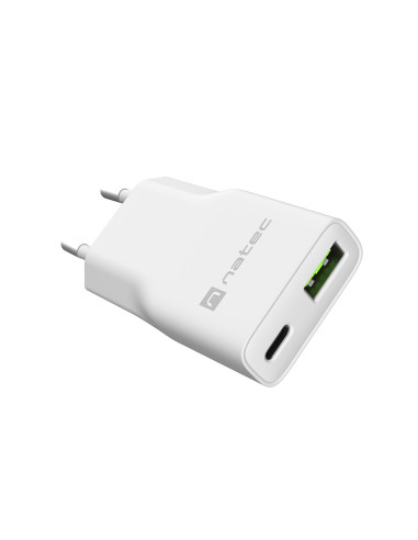 Univerzálna USB nabíjačka Natec RIBERA GaN SLIM, 20 W, 1X USB-A + 1X USB-C, Biela