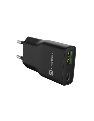 Univerzálna USB nabíjačka Natec RIBERA GaN SLIM, 20 W, 1X USB-A + 1X USB-C, Čierna