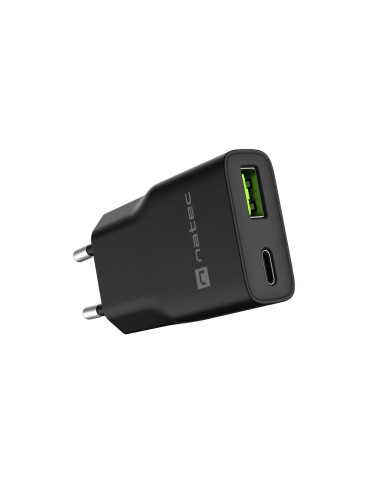 Univerzálna USB nabíjačka Natec RIBERA GaN SLIM, 20 W, 1X USB-A + 1X USB-C, Čierna
