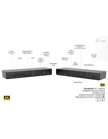 i-tec Thunderbolt 4 Intelligent Dual Display Docking Station, Power Delivery 90W