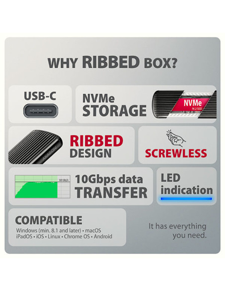AXAGON EEM2-SC, USB-C 10Gbps externý box pre M.2 NVMe SSD, bezskrutkový, rebrovaný hliník