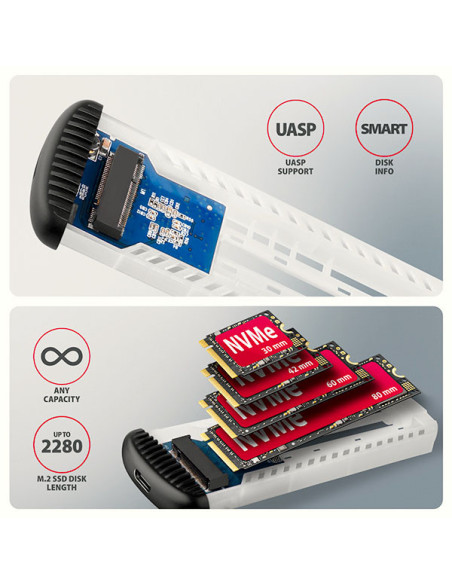 AXAGON EEM2-SC, USB-C 10Gbps externý box pre M.2 NVMe SSD, bezskrutkový, rebrovaný hliník