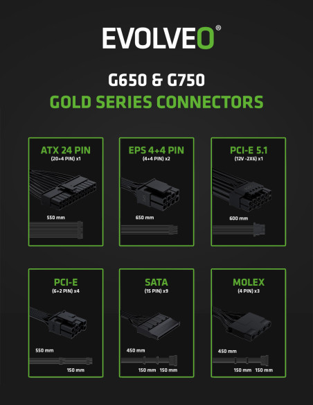 EVOLVEO G750, 750W/ ATX 3.1/ 80+ GOLD/ Modular