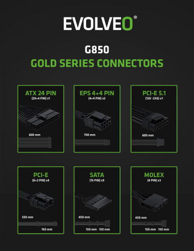 EVOLVEO G850, 850W/ ATX 3.1/ 80+ GOLD/ Modular
