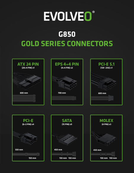 EVOLVEO G850, 850W/ ATX 3.1/ 80+ GOLD/ Modular