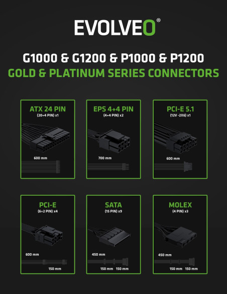 EVOLVEO P1000, 1000W/ ATX 3.1/ 80+ PLATINUM/
