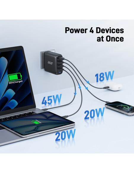 Acer GAN 100W PD charger, 3xUSB-C, 1xUSB-A čierny