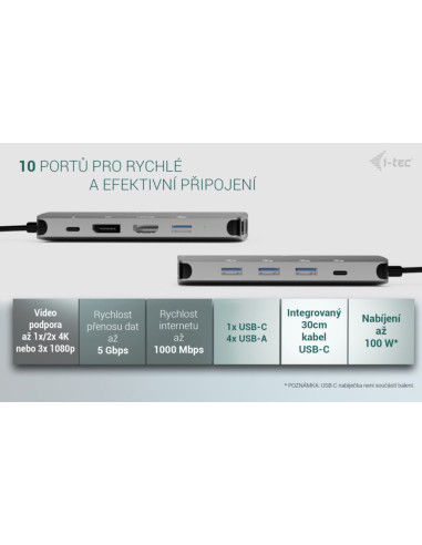 i-tec USB-C Metal Nano 3x Display (DP, HDMI a VGA) Docking Station, Power Delivery 100W
