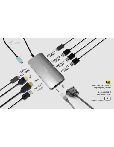 i-tec USB-C Metal Nano 3x Display (DP, HDMI a VGA) Docking Station, Power Delivery 100W