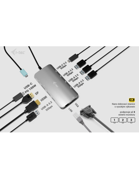 i-tec USB-C Metal Nano 3x Display (DP, HDMI a VGA) Docking Station, Power Delivery 100W