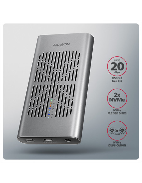 AXAGON EEM2-20GD, USB-C 20Gbps externý box pre dvoch M.2 NVMe SSD s funkciou klonovania