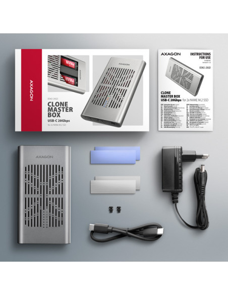 AXAGON EEM2-20GD, USB-C 20Gbps externý box pre dvoch M.2 NVMe SSD s funkciou klonovania