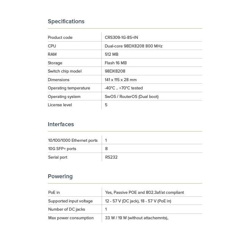 Mikrotik CRS309-1G-8S+IN Cloud Router Switch 8x SFP+, 1x GB LAN