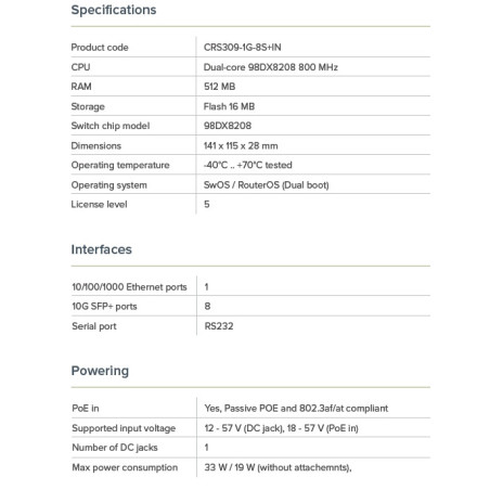 Mikrotik CRS309-1G-8S+IN Cloud Router Switch 8x SFP+, 1x GB LAN