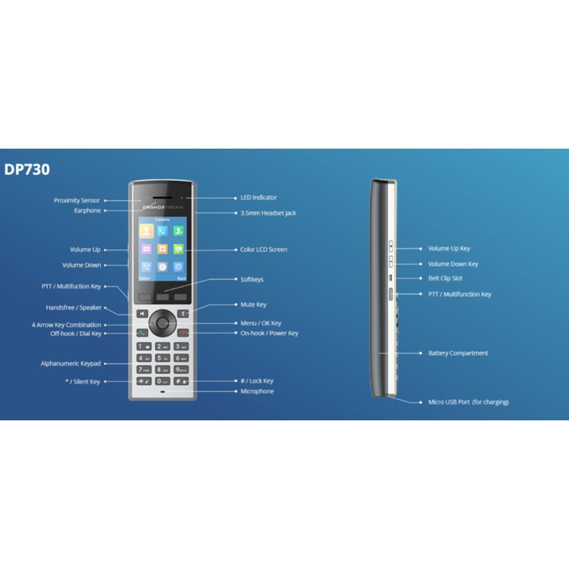 Grandstream DP730 IP tel., 2,4" bar. displ., 2SIP úč., video, BT, Micro USB, HAC,