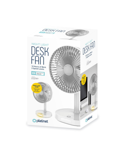 Platinet PRDF0326 stolný ventilátor 19 cm, nočné osvetlenie, akumulátor 3000 mAh, biela-šedá