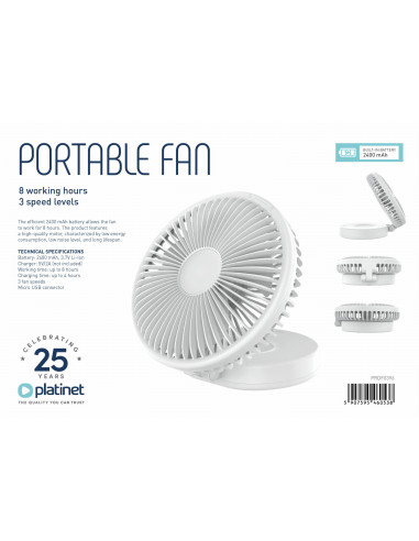 Platinet PRDF0396 skladací stolný ventilátor 19 cm, akumulátor 2400 mAh, biela