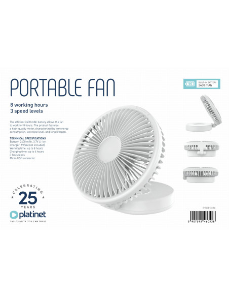 Platinet PRDF0396 skladací stolný ventilátor 19 cm, akumulátor 2400 mAh, biela