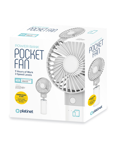 Platinet PRDF6107 vreckový ventilátor 10 cm, funkcia powerbanky 4000 mAh, biela-šedá