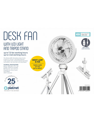 Platinet PRDF0556 stolný ventilátor 14,5 cm, výškovo nastaviteľný tripod, funkcia nočného osvetlenia, ak