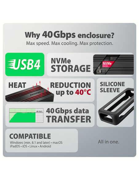 AXAGON EEM2-40G, USB-C 40Gbps externý box pre M.2 NVMe SSD, zosilnený hliník