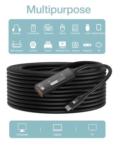 PremiumCord USB-A repeater + kábel USB-C, 10m