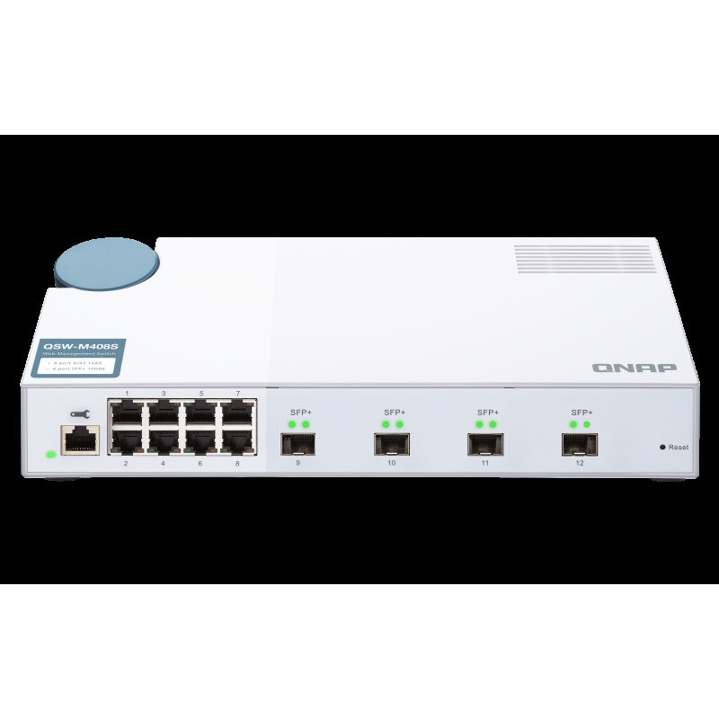 QNAP riadený switch QSW-M408S (12portov: 8x Gigabit port + 4x 10G SFP+ porty)