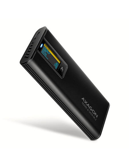 AXAGON EEM2-SD2B, USB-C 10Gbps externý box s displejom pre M.2 NVMe/SATA SSD, bezskrutkový, čierny