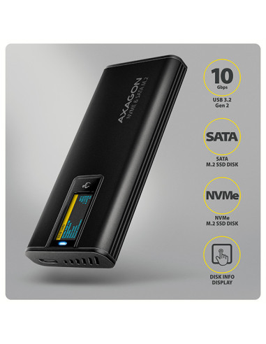 AXAGON EEM2-SD2B, USB-C 10Gbps externý box s displejom pre M.2 NVMe/SATA SSD, bezskrutkový, čierny