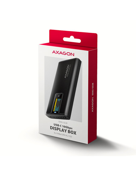 AXAGON EEM2-SD2B, USB-C 10Gbps externý box s displejom pre M.2 NVMe/SATA SSD, bezskrutkový, čierny