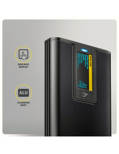 AXAGON EEM2-SD2B, USB-C 10Gbps externý box s displejom pre M.2 NVMe/SATA SSD, bezskrutkový, čierny