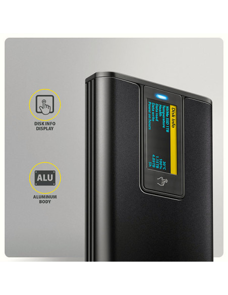 AXAGON EEM2-SD2B, USB-C 10Gbps externý box s displejom pre M.2 NVMe/SATA SSD, bezskrutkový, čierny