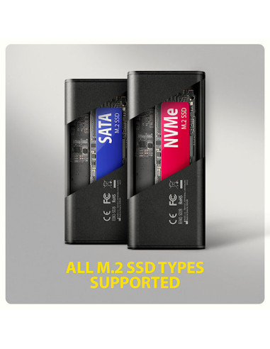 AXAGON EEM2-SD2B, USB-C 10Gbps externý box s displejom pre M.2 NVMe/SATA SSD, bezskrutkový, čierny