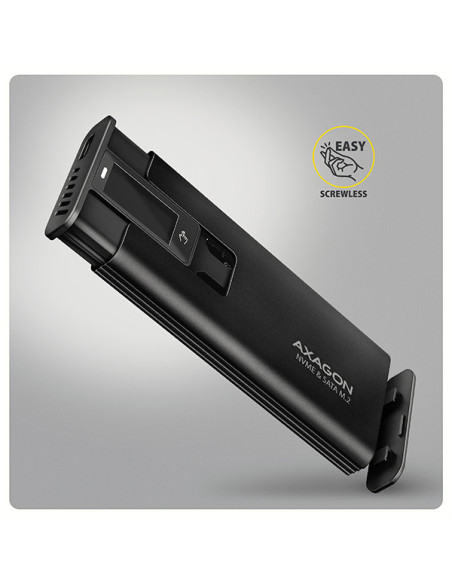 AXAGON EEM2-SD2B, USB-C 10Gbps externý box s displejom pre M.2 NVMe/SATA SSD, bezskrutkový, čierny