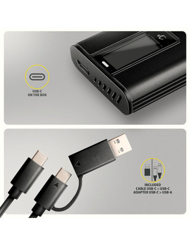 AXAGON EEM2-SD2B, USB-C 10Gbps externý box s displejom pre M.2 NVMe/SATA SSD, bezskrutkový, čierny