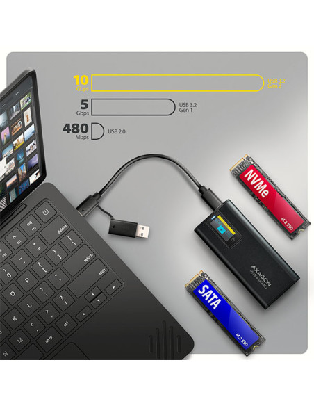 AXAGON EEM2-SD2B, USB-C 10Gbps externý box s displejom pre M.2 NVMe/SATA SSD, bezskrutkový, čierny
