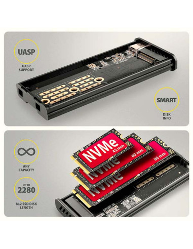 AXAGON EEM2-SD2B, USB-C 10Gbps externý box s displejom pre M.2 NVMe/SATA SSD, bezskrutkový, čierny