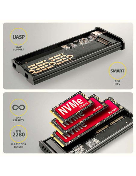 AXAGON EEM2-SD2B, USB-C 10Gbps externý box s displejom pre M.2 NVMe/SATA SSD, bezskrutkový, čierny