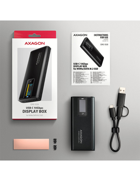 AXAGON EEM2-SD2B, USB-C 10Gbps externý box s displejom pre M.2 NVMe/SATA SSD, bezskrutkový, čierny