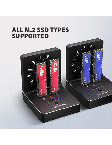 AXAGON ADSA-M2C22, USB-C 20Gbps dokovacia stanica pre 2× M.2 NVMe/SATA SSD s funkciou klonovania