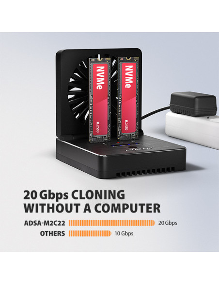 AXAGON ADSA-M2C22, USB-C 20Gbps dokovacia stanica pre 2× M.2 NVMe/SATA SSD s funkciou klonovania