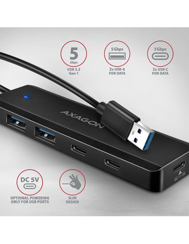 AXAGON HUE-C2A, 4× USB 5Gbps TRAVEL hub, 2× USB-A + 2× USB-C, USB-C napájanie, kábel USB-A 19cm