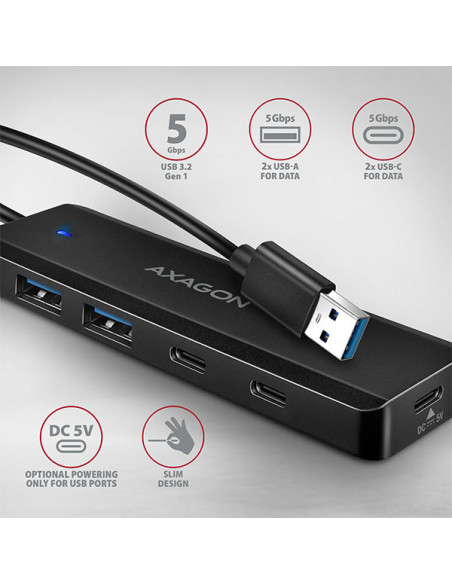 AXAGON HUE-C2A, 4× USB 5Gbps TRAVEL hub, 2× USB-A + 2× USB-C, USB-C napájanie, kábel USB-A 19cm