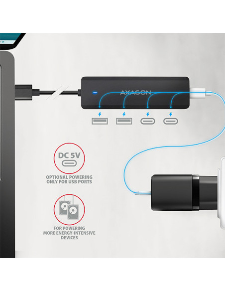AXAGON HUE-C2A, 4× USB 5Gbps TRAVEL hub, 2× USB-A + 2× USB-C, USB-C napájanie, kábel USB-A 19cm