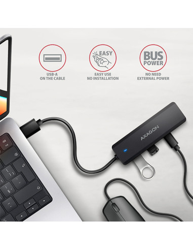 AXAGON HUE-C2A, 4× USB 5Gbps TRAVEL hub, 2× USB-A + 2× USB-C, USB-C napájanie, kábel USB-A 19cm