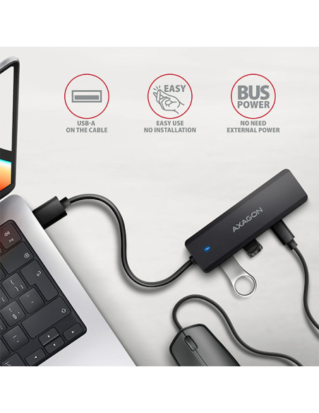 AXAGON HUE-C2A, 4× USB 5Gbps TRAVEL hub, 2× USB-A + 2× USB-C, USB-C napájanie, kábel USB-A 19cm