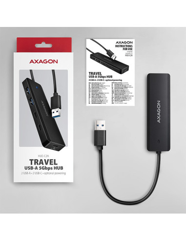 AXAGON HUE-C2A, 4× USB 5Gbps TRAVEL hub, 2× USB-A + 2× USB-C, USB-C napájanie, kábel USB-A 19cm