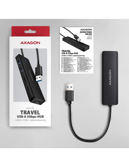 AXAGON HUE-C2A, 4× USB 5Gbps TRAVEL hub, 2× USB-A + 2× USB-C, USB-C napájanie, kábel USB-A 19cm